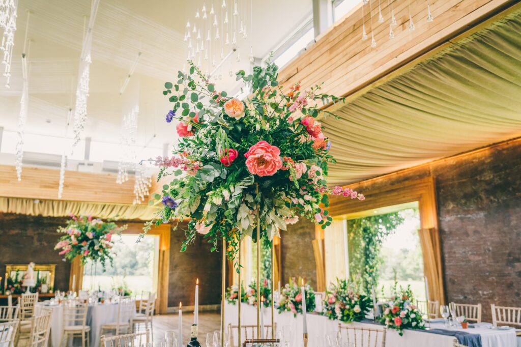 Beautiful wedding tables and wedding flowers at Elmore Court Gloucestershire